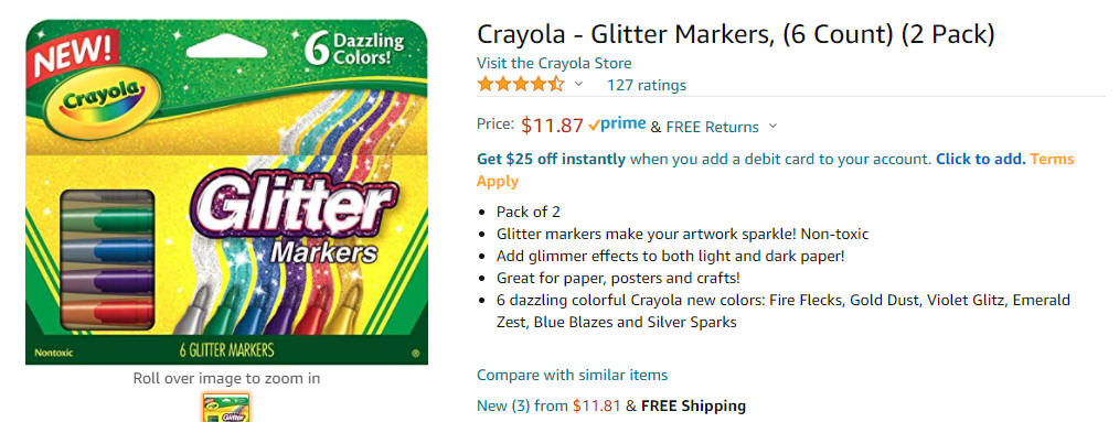 Glitter Markers, 6 Count