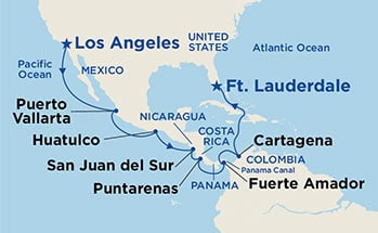 Map showing the port stops for Panama Canal - Ocean to Ocean. For more details, refer to the disclaimer below and the itinerary port table on this page.